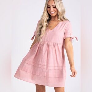 Very J Swiss Dot - 100% Cotton Tie SLEEVE MULTI-TIER DRESS Dusty PINK